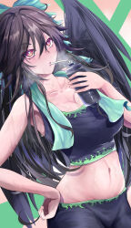 Rule 34 | 1girl, alternate costume, bike shorts, bird wings, black hair, black shorts, black sports bra, black wings, blush, bottle, breasts, brown eyes, cleavage, commentary request, cowboy shot, drinking straw, drinking straw in mouth, dutch angle, expressionless, green background, hair between eyes, hand on own hip, large breasts, long bangs, long hair, looking at viewer, messy hair, midriff, navel, niradama (nira2ratama), open mouth, pink background, reiuji utsuho, shorts, solo, sports bra, sweat, touhou, towel, towel around neck, water bottle, wings