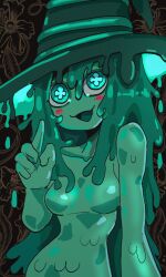 Rule 34 | absurdres, basedbinkie, blush, clover-shaped pupils, colored skin, colored tongue, dripping, green eyes, green skin, green tongue, hat, highres, long hair, looking at viewer, monster girl, nude, original, slime girl, smile, symbol-shaped pupils, witch hat