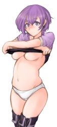 Rule 34 | blush, breasts, clothes lift, fire emblem, fire emblem: new mystery of the emblem, hair between eyes, highres, katarina (fire emblem), lifted by self, medium breasts, navel, nintendo, panties, purple hair, shirt lift, short hair, solo, standing, surprised, thighhighs, thighs, transparent background, tridisart, underboob, underwear