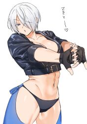 Rule 34 | 1girl, angel (kof), backless pants, blue eyes, bra, breasts, chaps, cleavage, crop top, cropped jacket, fingerless gloves, fuchina, gloves, hair over one eye, highres, jacket, large breasts, leather, leather jacket, midriff, navel, panties, pants, short hair, snk, solo, strapless, strapless bra, the king of fighters, the king of fighters xiv, toned, underwear, white hair