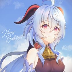 acrylicstroke ahoge bare_shoulders bell blue_hair bow bowtie breasts cloud detached_sleeves ganyu_(genshin_impact) genshin_impact happy_birthday highres horns long_hair low_ponytail medium_breasts multicolored_eyes neck_bell sidelocks signature sky smile solo upper_body