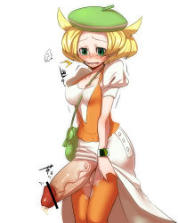 Rule 34 | 1girl, artist request, bag, bianca (pokemon), blonde hair, blush, breasts, censored, creatures (company), cum, dress, futanari, game freak, green eyes, hat, huge penis, large breasts, nintendo, open mouth, pantyhose, penis, pokemon, short hair, simple background, solo, tears, torn clothes, torn pantyhose, veins