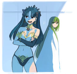 Rule 34 | 1girl, 1other, b suke, black bikini bottom, black hair, crossed arms, elbow gloves, enkidu (fate), fate/grand order, fate (series), gloves, gold trim, green eyes, green hair, highres, ishtar (fate), jitome, looking to the side, navel, red eyes, robe, single elbow glove, single glove, teeth, tiara, twintails, upper teeth only, white robe
