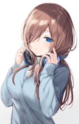 Rule 34 | 1girl, blue cardigan, blue eyes, blush, brown hair, cardigan, collared shirt, commentary request, dress shirt, eyes visible through hair, go-toubun no hanayome, gradient background, grey background, hair over one eye, hands on headphones, hands up, headphones, headphones around neck, highres, long hair, long sleeves, looking at viewer, mafuyu (chibi21), nakano miku, parted lips, shirt, sleeves past wrists, solo, twitter username, upper body, very long hair, white background, white shirt