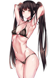Rule 34 | 1girl, armpits, arms behind head, arms up, bare shoulders, bikini, black bikini, black hair, blush, breasts, brown eyes, cleavage, closed mouth, collarbone, hair between eyes, highres, holding, holding hair, long hair, looking at viewer, navel, original, simple background, small breasts, solo, spider apple, swimsuit, thighs, twintails, white background