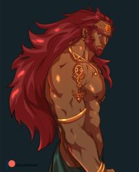 Rule 34 | 1boy, artist name, bara, beard, commentary, cowboy shot, dark-skinned male, dark skin, earrings, facial hair, from side, ganondorf, gerudo, highres, hydrated ganon, jewelry, kukumomo, large pectorals, long hair, looking at viewer, male focus, muscular, nintendo, pectorals, pointy ears, red eyes, red hair, solo, symbol-only commentary, the legend of zelda, the legend of zelda: breath of the wild, the legend of zelda: tears of the kingdom