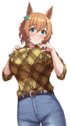 Rule 34 | 1girl, animal ears, aqua eyes, belt, blouse, blue pants, blush, bracelet, breasts, brown hair, buttons, closed mouth, collared shirt, commentary request, cowboy shot, denim, hair between eyes, hair ornament, highres, jeans, jewelry, kannko bokujou, large breasts, looking at viewer, pants, plaid, plaid shirt, shirt, shirt tucked in, short hair, simple background, sleeves past elbows, smile, solo, standing, star (symbol), star hair ornament, taiki shuttle (umamusume), umamusume, white background, yellow shirt