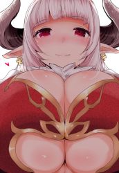 Rule 34 | 10s, 1girl, alicia (granblue fantasy), blush, breasts, center opening, cleavage, clothing cutout, draph, dress, earrings, from below, gloves, granblue fantasy, han (jackpot), horns, huge breasts, jewelry, large breasts, long hair, looking at viewer, pointy ears, red eyes, silver hair, smile, solo, underboob, underboob cutout