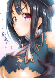 Rule 34 | 10s, 1girl, bad id, bad pixiv id, black gloves, black hair, blush, breasts, cyanomirahi, female focus, gloves, gradient background, hat, kantai collection, large breasts, red eyes, short hair, solo, takao (kancolle), upper body, white background