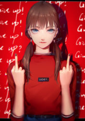 Rule 34 | 1girl, absurdres, belt, black nails, blouse, blush, brown hair, double middle finger, english text, highres, looking at viewer, low twintails, middle finger, moss (2225028), nail polish, original, red background, red shirt, shirt, smile, solo, text background, twintails