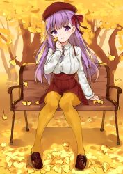 Rule 34 | 1girl, autumn leaves, bench, beret, blush, breasts, brown footwear, closed mouth, collared shirt, dress shirt, fate (series), full body, ginkgo leaf, ginkgo tree, hair ribbon, hat, head tilt, high-waist skirt, highres, holding, holding leaf, knees together feet apart, large breasts, leaf, loafers, long hair, long sleeves, looking at viewer, matou sakura, minikon, neck ribbon, outdoors, pantyhose, park bench, purple eyes, purple hair, red hat, red ribbon, red skirt, ribbon, shirt, shoes, sitting, skirt, smile, solo, suspender skirt, suspenders, white shirt, yellow pantyhose, yellow theme