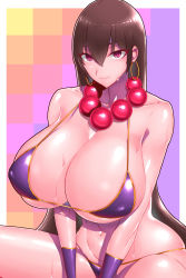 Rule 34 | 1girl, absurdres, bead necklace, beads, bikini, bikini top only, breasts, brown hair, cleavage, covered erect nipples, earrings, fate/grand order, fate (series), hair between eyes, highres, hoop earrings, huge breasts, jewelry, long hair, looking at viewer, navel, necklace, no headwear, no headwear, prayer beads, purple bikini, red eyes, simple background, sitting, skindentation, smile, solo, sweat, swimsuit, wolffeld price, xuangzang sanzang (fate)