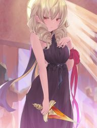 Rule 34 | 1girl, alternate costume, bare shoulders, betabeet, black dress, blonde hair, blush, breasts, closed mouth, day, dress, drill hair, embarrassed, erika wagner, formal, hair between eyes, hand on own chest, highres, holding, holding sword, holding weapon, indoors, large breasts, long hair, looking at viewer, looking down, red eyes, red ribbon, ribbon, solo, standing, sunlight, sword, twin drills, twintails, under night in-birth, under night in-birth exe:late[st], weapon, window