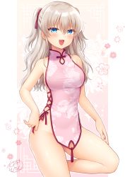 Rule 34 | 1girl, :d, blue eyes, blush, breasts, charlotte (anime), china dress, chinese clothes, commission, dress, floral background, floral print, grey hair, groin, hair between eyes, highres, long hair, looking at viewer, medium breasts, mesugaki, nakamura hinato, open mouth, pelvic curtain, pink dress, ponytail, print dress, signature, skeb commission, sleeveless, sleeveless dress, smile, solo, standing, standing on one leg, tomori nao
