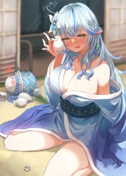 Rule 34 | 1girl, absurdres, ahoge, artworks/83914255, bare shoulders, blue hair, blue kimono, blush, breasts, colored tips, commentary request, cup, daifuku (yukihana lamy), drunk, elf, flower, fur trim, hair between eyes, hair flower, hair ornament, heart, heart ahoge, highres, holding, holding cup, hololive, indoors, japanese clothes, kimono, large breasts, long hair, looking at viewer, multicolored hair, obi, off shoulder, open mouth, pointy ears, roco (rocoroco1115), sash, sitting, smile, solo, streaked hair, sweat, thighs, virtual youtuber, wariza, yellow eyes, yukihana lamy