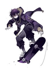 Rule 34 | 1boy, black pants, chain, esse shoto ovo, gold chain, gold necklace, highres, hood, hooded jacket, indie virtual youtuber, jacket, jewelry, long sleeves, looking at viewer, male focus, necklace, pants, purple eyes, purple hair, purple jacket, shoes, short hair, shoto (vtuber), sneakers, virtual youtuber