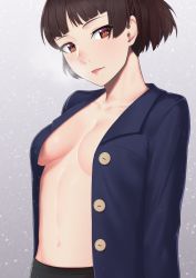 Rule 34 | 1girl, arms at sides, blazer, blue jacket, blunt bangs, braid, breasts, breasts apart, breath, brown hair, buttons, closed mouth, coat, collarbone, commentary request, crown braid, eyes visible through hair, from side, grey background, groin, highres, jacket, linea alba, lips, long sleeves, looking at viewer, medium breasts, naked coat, navel, niijima makoto, no bra, open clothes, open jacket, persona, persona 5, persona 5 the royal, putcher, red lips, short hair, smile, solo, unbuttoned, upper body