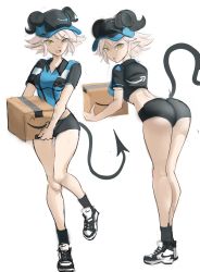 Rule 34 | 1girl, :d, amazon (company), amazon warrior, ass, black shorts, blonde hair, blue shirt, box, breasts, cardboard box, demon girl, demon horns, demon tail, hat, highres, horns, horns through headwear, huge ass, large breasts, looking at viewer, nike (company), open mouth, original, rakeemspoon, shirt, shoes, short shorts, shorts, smile, sneakers, solo, susan (rakeemspoon), tail, uniform, white background, wide hips