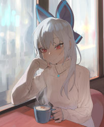 Rule 34 | 1girl, alternate costume, beijuu, bow, closed mouth, cup, girls&#039; frontline, hair bow, holding, holding cup, jewelry, long hair, long sleeves, looking at viewer, necklace, red eyes, russian commentary, silver hair, smile, solo, sweat, sweater, tokarev (girls&#039; frontline), turtleneck, turtleneck sweater, upper body, window