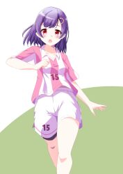 Rule 34 | 1girl, blush, breasts, collared shirt, commentary request, feet out of frame, green background, hair ornament, hairclip, highres, kaze makase, looking at viewer, mai ball!, miyano mai, open mouth, purple hair, red eyes, shirt, short sleeves, shorts, small breasts, soccer uniform, solo, sportswear, striped clothes, striped shirt, two-tone background, vertical-striped clothes, vertical-striped shirt, white background, white shorts