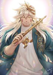 Rule 34 | 1boy, aion kiu, bara, blonde hair, closed mouth, coat, commentary request, earrings, facial hair, facial tattoo, goatee stubble, gold trim, green coat, hair between eyes, hair ornament, holding, holding wand, jewelry, light particles, long hair, looking at viewer, male focus, shamash (housamo), signature, smile, solo, stubble, sweater, tattoo, tokyo houkago summoners, triangle earrings, turtleneck, turtleneck sweater, upper body, wand, yellow eyes