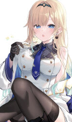 Rule 34 | 1girl, :o, absurdres, aizawa ema, bare shoulders, black gloves, blonde hair, blue eyes, breasts, brown thighhighs, buttons, double-breasted, earrings, gloves, gradient hair, hairband, highres, jacket, jewelry, knees up, large breasts, long hair, long sleeves, looking at viewer, multicolored hair, necktie, off shoulder, open clothes, open jacket, open mouth, shirt, sitting, sleeveless, sleeveless shirt, solo, thighhighs, thighs, undressing, very long hair, virtual youtuber, vspo!, white jacket, white shirt, wing collar, yuzutouhu ika