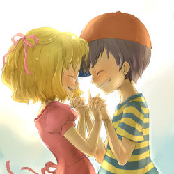Rule 34 | 1boy, 1girl, blonde hair, blush, cat, child, couple, gin (oyoyo), hetero, holding hands, mother (game), mother 2, ness (mother 2), nintendo, paula (mother 2), shirt, striped clothes, striped shirt, tears