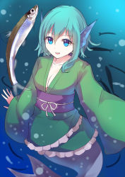 Rule 34 | 1girl, blue eyes, blue hair, breasts, bubble, cleavage, collarbone, culter, fins, fish, head fins, japanese clothes, kimono, matching hair/eyes, mermaid, monster girl, obi, open mouth, sash, smile, solo, touhou, underwater, wakasagihime