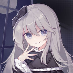 Rule 34 | 1girl, bad id, bad pixiv id, black bow, black dress, blue eyes, bow, commentary request, dress, duel monster, eta, frilled dress, frills, full moon, ghost belle &amp; haunted mansion, grey hair, hair between eyes, hair bow, hand up, highres, long hair, long sleeves, looking at viewer, moon, parted lips, smile, solo, wide sleeves, window, yu-gi-oh!