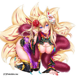 Rule 34 | 1girl, animal ears, bad id, bad tumblr id, black thighhighs, blonde hair, blush, bracelet, breasts, china dress, chinese clothes, cleavage, cleavage cutout, clothing cutout, detached sleeves, dress, female focus, flower, fox ears, fox mask, fox tail, hair flower, hair ornament, hizuki akira, jewelry, large breasts, long hair, looking at viewer, mask, nail polish, open mouth, original, red nails, rose, simple background, smile, solo, tail, thighhighs, white background