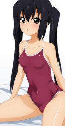Rule 34 | 1girl, alternate color, black hair, breasts, brown eyes, competition school swimsuit, competition swimsuit, covered erect nipples, k-on!, long hair, nakano azusa, one-piece swimsuit, red one-piece swimsuit, school swimsuit, small breasts, solo, sugimura tomokazu, swimsuit, twintails