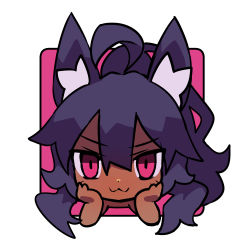 Rule 34 | &gt;:), 1girl, :3, absurdres, ahoge, animal ears, border, borrowed character, brown kemomimi-chan (krr), chibi, closed mouth, commentary request, commission, dark-skinned female, dark skin, dungeon and fighter, highres, korean commentary, long hair, looking at viewer, original, outside border, pink background, purple eyes, purple hair, rtari, sidelocks, simple background, smile, solo, upper body, v-shaped eyebrows, white border