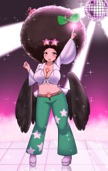 Rule 34 | + +, 1girl, absurdres, afro, alternate hairstyle, belt, bird wings, black wings, blush, bow, breasts, brown belt, brown hair, cape, cleavage, collared shirt, comb, commentary request, crop top, disco ball, eyewear on head, full body, green bow, green pants, hair bow, heart, highres, large breasts, looking at viewer, low wings, midriff, mind control, navel, open mouth, pants, pointing, pointing up, red eyes, reiuji utsuho, shirt, smile, solo, sparkle, standing, star-shaped eyewear, star (symbol), star print, sunglasses, third eye, tied shirt, touhou, white cape, white shirt, wide sleeves, wings, yuafro