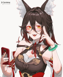 Rule 34 | 1girl, :d, animal ears, bespectacled, bracelet, breasts, brown dress, brown hair, cellphone, cleavage, commentary, commission, dress, fox ears, glasses, highres, holding, holding phone, honkai: star rail, honkai (series), jewelry, long hair, looking at viewer, lufi ays, medium breasts, open mouth, phone, sleeveless, sleeveless dress, smartphone, smile, solo, tingyun (honkai: star rail), upper body, yellow eyes