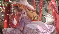 Rule 34 | 2girls, adapted costume, after rain, ascot, bad id, bad pixiv id, blonde hair, bow, breasts, brown hair, dappled sunlight, dress, expressionless, flame print, frilled dress, frills, gap (touhou), hair bow, hair tubes, hakurei reimu, holding, holding umbrella, lantern, large breasts, long hair, long sleeves, looking at viewer, looking to the side, mimo, multiple girls, own hands together, petals, purple eyes, red eyes, red skirt, ribbon-trimmed sleeves, ribbon trim, side-by-side, skirt, smile, sparkle, stairs, stone wall, sunlight, tabard, touhou, umbrella, very long hair, wall, water drop, white dress, wide sleeves, wind, wooden lantern, yakumo yukari