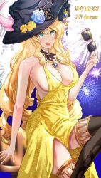 Rule 34 | 1girl, 2024, :d, aqua eyes, bare arms, bare shoulders, black hat, black thighhighs, blonde hair, blue flower, blue rose, breasts, cleavage, commentary, dress, drill hair, drill sidelocks, flower, genshin impact, happy new year, hat, hat flower, highres, jewelry, large breasts, long hair, navia (genshin impact), necklace, new year, open mouth, rose, sidelocks, sitting, sleeveless, sleeveless dress, smile, solo, thighhighs, uenoryoma, very long hair, yellow dress, yellow flower, yellow rose