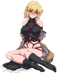 Rule 34 | 1girl, bad id, bad pixiv id, bare shoulders, bdsm, blonde hair, blue eyes, bondage, bound, breasts, commentary request, covered erect nipples, full body, highres, large breasts, mizuhashi parsee, navel, ootsuki wataru, pointy ears, red rope, rope, shibari, shibari over clothes, short hair, socks, solo, touhou, transparent background