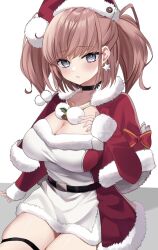 Rule 34 | 1girl, alternate costume, atlanta (kancolle), breasts, brown hair, capelet, choker, dress, earrings, fur-trimmed dress, fur-trimmed headwear, fur trim, gloves, hand on own chest, hat, highres, jewelry, kantai collection, large breasts, long hair, looking at viewer, merry christmas, red capelet, red hat, santa dress, santa gloves, santa hat, sitting, smile, solo, two side up, white dress, yoshino (mfmfpng)