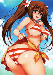 Rule 34 | 1girl, absurdres, ass, bikini, blue eyes, blush, breasts, brown hair, clothes lift, copyright request, cover, cover page, day, female focus, front-tie top, highres, large breasts, lifting own clothes, long hair, looking at viewer, looking back, navel, orange bikini, parted lips, shiny skin, skirt, skirt lift, smile, solo, striped bikini, striped clothes, swimsuit, textless version, tomose shunsaku, trefoil, twintails, underboob