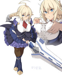 Rule 34 | 1girl, ahoge, blazblue, blonde hair, blue dress, blue eyes, blue footwear, blush, boots, braid, grabbing another&#039;s breast, breasts, commentary request, dress, es (xblaze), frills, frown, grabbing, hair between eyes, holding, holding sword, holding weapon, huge ahoge, large breasts, leaning forward, long braid, long hair, long sleeves, looking at viewer, multiple views, necktie, pantyhose, red neckwear, shirt, shiseki hirame, simple background, single braid, solo focus, sword, translation request, weapon, white background, white shirt, xblaze, xblaze code: embryo