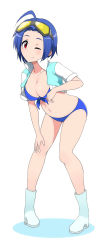 Rule 34 | 1girl, ahoge, bikini, blue bikini, blue hair, boots, breasts, cleavage, cropped jacket, eyewear on head, front-tie top, full body, haseneko, highres, idolmaster, idolmaster (classic), large breasts, leaning forward, looking at viewer, miura azusa, navel, one eye closed, pigeon-toed, red eyes, short hair, simple background, smile, solo, sunglasses, swimsuit, white background