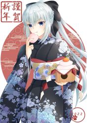 Rule 34 | 1girl, 2022, :t, black bow, black ribbon, blue eyes, bow, dango, eating, fate/grand order, fate (series), food, food request, grey hair, hair between eyes, highres, japanese clothes, kimono, morgan le fay (fate), obi, one heart1201, ponytail, ribbon, sash, solo, wagashi, white background, wide sleeves, wooden box, yukata