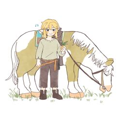Rule 34 | 1boy, belt, belt buckle, black pants, blonde hair, blue eyes, blush stickers, boots, brown belt, brown footwear, buckle, clenched hand, closed eyes, closed mouth, commentary request, eating, eyelashes, full body, grass, green shirt, highres, holding, holding grass, holding reins, horse, link, long sleeves, low ponytail, male focus, multiple belts, musical note, myonmo, nintendo, pants, pointy ears, reins, ribbon-trimmed shirt, shirt, short hair with long locks, smile, solo, the legend of zelda, the legend of zelda: breath of the wild, torn clothes, torn pants, torn sleeves, white background