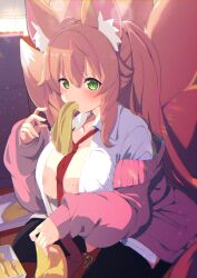 Rule 34 | 1girl, absurdres, animal ear fluff, animal ears, areola slip, black thighhighs, blush, bow, bowtie, breasts, commentary request, commission, eating, fox, fox ears, fox girl, fox tail, green eyes, highres, jacket, kitsune, kyuubi, large breasts, large tail, light brown hair, long hair, looking at viewer, multiple tails, off shoulder, open clothes, open shirt, original, pink jacket, plushmallow, red bow, red bowtie, shiro9jira, sitting, skeb commission, solo, tail, thighhighs, wariza