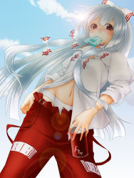 Rule 34 | 1girl, can, cloud, day, drink can, female focus, food, from below, fujiwara no mokou, hair ribbon, highres, lens flare, long hair, looking down, midriff, mouth hold, ofuda, open clothes, open shirt, orippa, panties, popsicle, red eyes, ribbon, shirt, silver hair, sky, soda can, solo, staring, suspenders, touhou, underwear