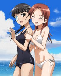 Rule 34 | 2girls, beach, bikini, black hair, blush, breasts, brown eyes, cleavage, closed eyes, day, eyepatch, groin, medium breasts, minna-dietlinde wilcke, multiple girls, navel, non-web source, ocean, open mouth, outdoors, ponytail, red hair, sakamoto mio, sky, smile, standing, strike witches, swimsuit, white bikini, world witches series, yuri