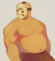 Rule 34 | 1boy, absurdres, alternate muscle size, bara, big belly, cowboy shot, fat, fat man, friday the 13th, highres, hockey mask, jason voorhees, large pectorals, looking to the side, male focus, mask, muscular, muscular male, navel, nipples, pants, pectorals, reaipepsiman, solo, standing, topless male, unfinished