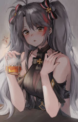 Rule 34 | 1girl, absurdres, ahoge, alcohol, azur lane, black dress, blush, bow, breasts, cleavage, commentary, cross, dress, glass, grey background, hair between eyes, hair bow, highres, ice, ice cube, iron cross, large breasts, long hair, looking at viewer, multicolored hair, open mouth, parted bangs, prinz eugen (azur lane), prinz eugen (cordial cornflower) (azur lane), red hair, rota (078), silver hair, simple background, sitting, sleeveless, sleeveless dress, solo, streaked hair, twintails, two-tone hair, upper body, whiskey, yellow eyes