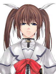 Rule 34 | 00s, 1girl, blue eyes, bow, bowtie, brown hair, buckle, closed mouth, dress, long hair, looking at viewer, lyrical nanoha, magical girl, mahou shoujo lyrical nanoha, mahou shoujo lyrical nanoha strikers, raid slash, red bow, red bowtie, smile, solo, takamachi nanoha, takamachi nanoha (aggressor mode), twintails, uniform, upper body, white dress