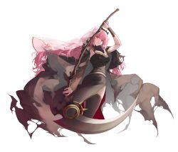 Rule 34 | 1girl, absurdres, arm up, black dress, black nails, dress, highres, holding, holding scythe, hololive, hololive english, ijac ray, long hair, looking at viewer, mori calliope, mori calliope (1st costume), petals, pink eyes, pink hair, red eyes, scythe, shoulder spikes, simple background, solo, spiked cape, spikes, tiara, transparent background, veil, virtual youtuber